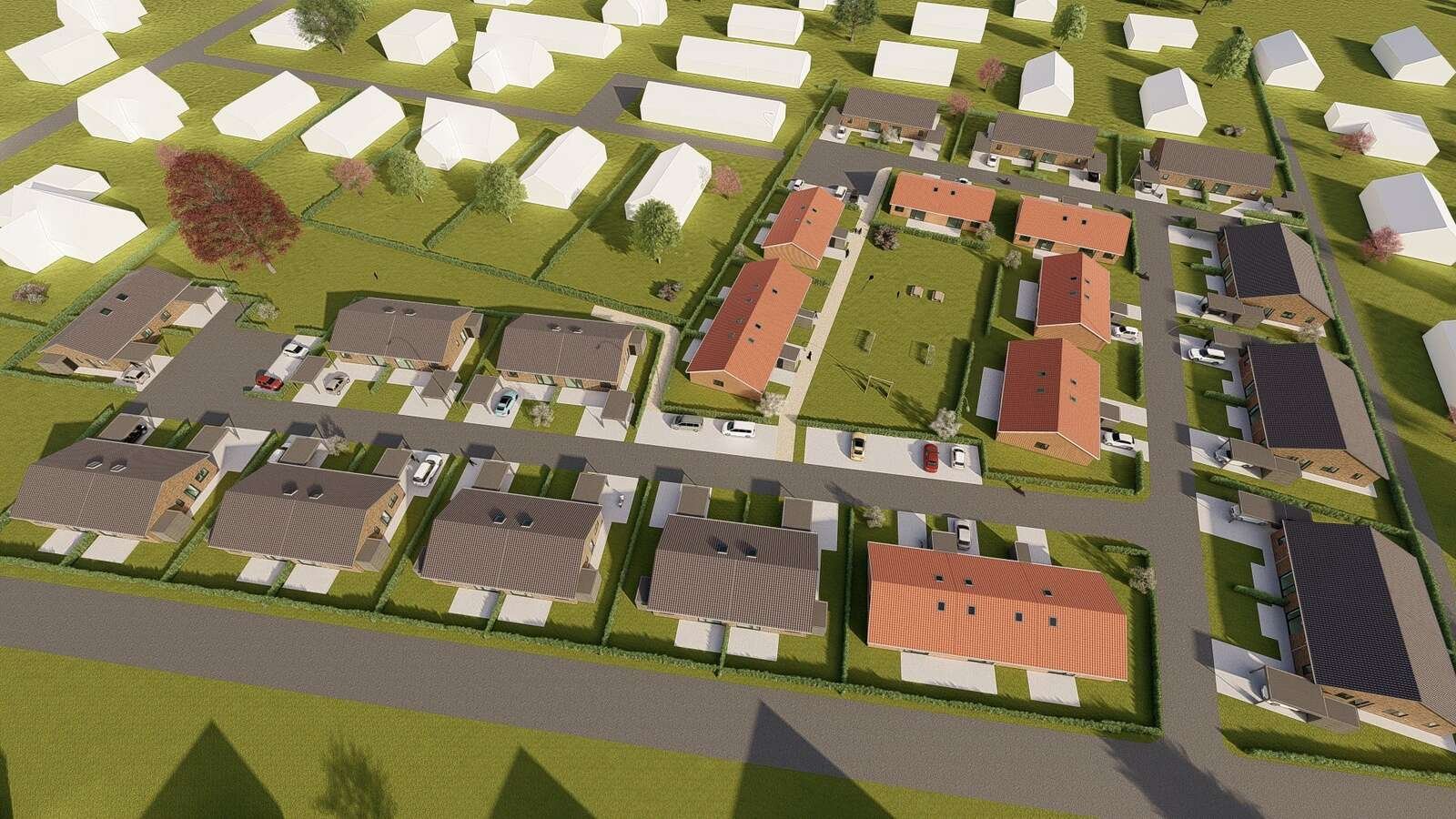 Nu kommer der nyt liv på grunden, hvor der tidligere har været savværk og trælast frem til 2016. Det er firmaet HS Byg A/S, Viborg med bygmester Henrik Søgaard, der i samarbejde med Mandrup Arkitekt & Ingeniør ApS, har udviklet projektet, mens home Viborg & Bjerringbro står for salget. Illustration: Mandrup Arkitekter og Ingeniører ApS.