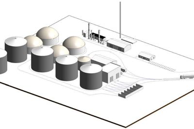 En foreløbig tegning skitserer, hvordan biogasanlægget kan komme til at se ud - med ind- og udkørsel fra Herningvej. Tegning: WH-Planaction