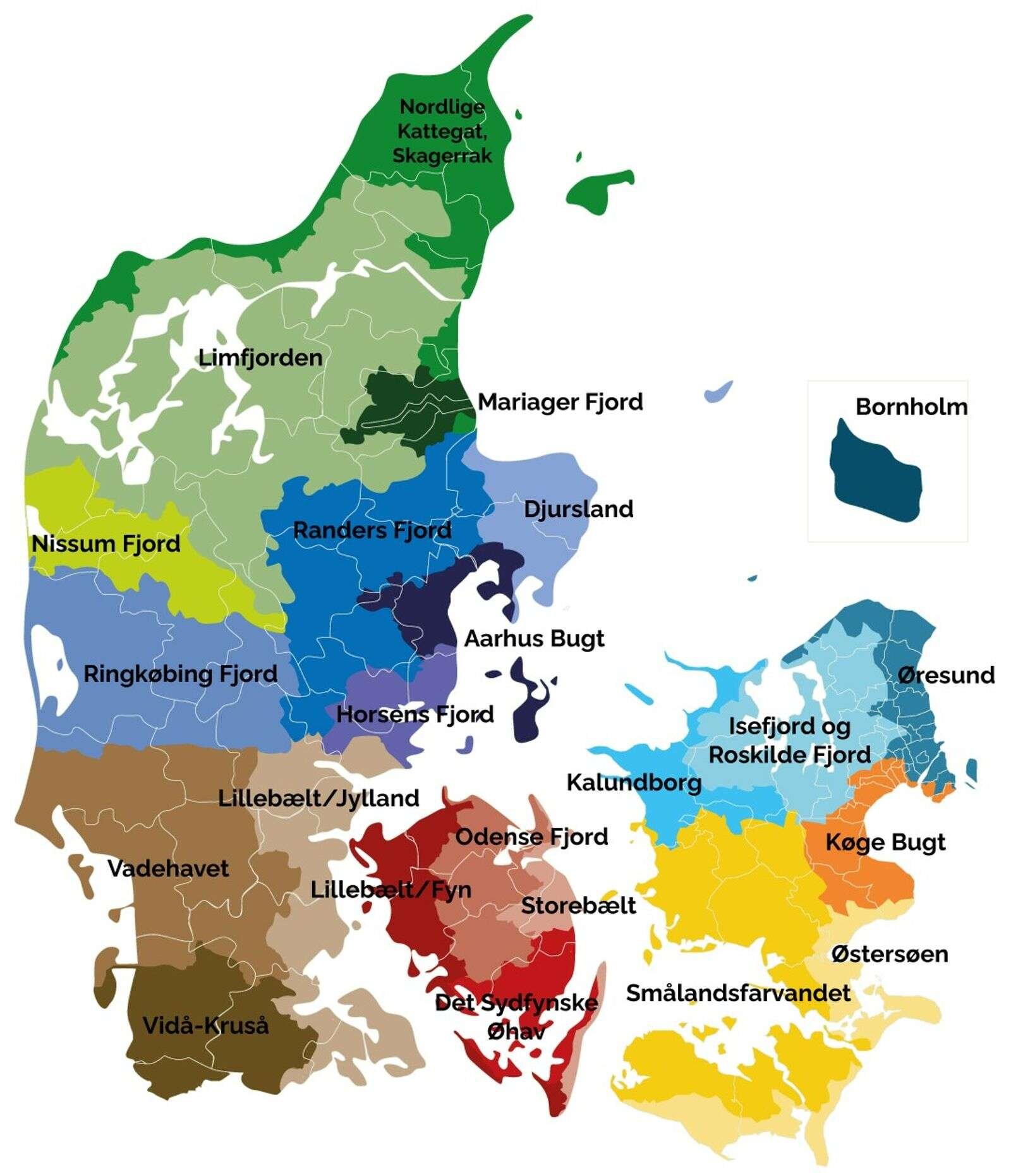 Danmark er opdelt i 23 områder med Lokale Treparter. Den Lokale Grønne Trepart, Limfjorden er arealmæssigt det største område. Kort: Ministeriet for Grøn Trepart
