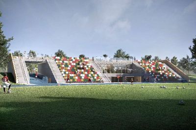 Sweco har tegnet dette forslag til en ny bygning med omklædningsrum, fælleslokaler og tribune på Søholt. Illustration: Sweco Architects