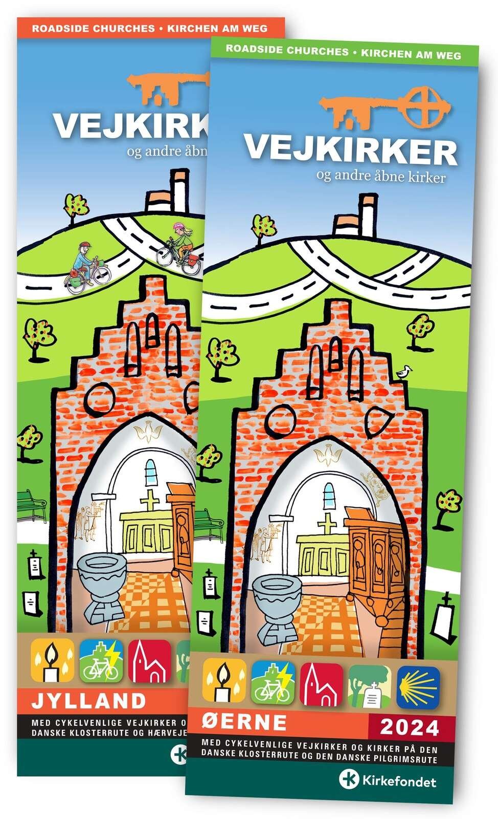 Brochuren for de danske vejkirker fås i to versioner for henholdsvis Jylland og Øerne. Illustration: Kirkefondet