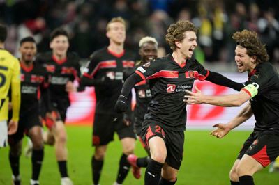 Valdemar Byskov Andreasen (i.m.) jubler igennem efter sin scoring til 2-2 mod Fenerbahce.
