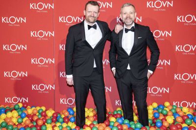 Det umage makkerpar Frank Hvam og Casper Christensen til gallapremiere på filmen "Klovn The Final" i Bremen Teater i 2020. (Arkivfoto).