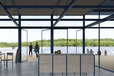 Herning Havn - tidligere kendt som Herning Vandski & Wakeboard Klub og Herning Jetski Klub - har fået ni millioner kroner fra Lokale og Anlægsfonden til planerne om et nyt vandsportcenter ved Knudmosesøerne. Visualisering: Herning Havn