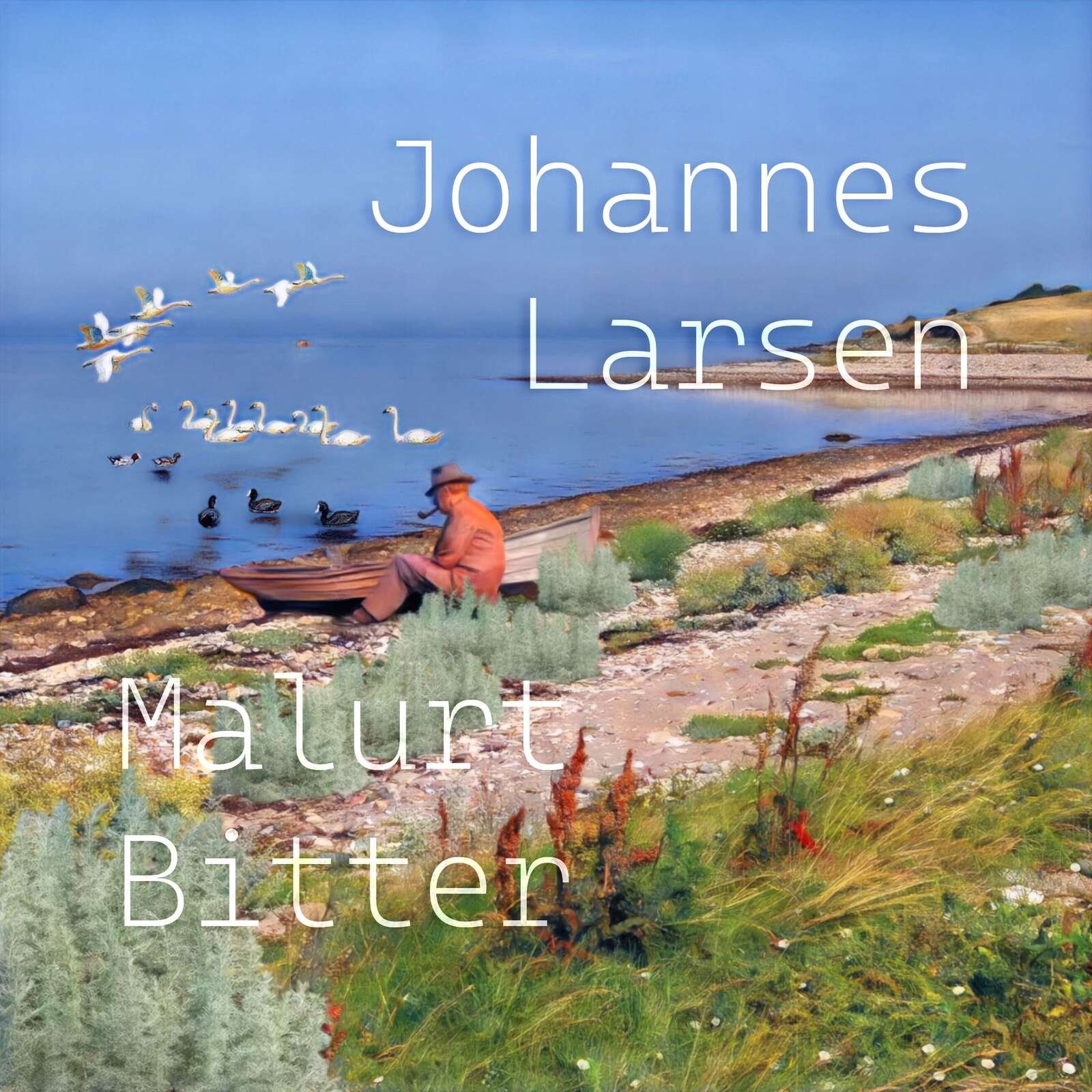 Arne Friis Hansens hjemmedesignede etiket til snapseturens »malurtbitter« viser fuglemaleren Johannes Larsen på Fyns Hoved, hvor strandmalurten vokser frodigt på stranden. Privatfoto