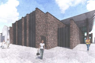 Fermatens velkendte Utzon-arkitektur vil blive ført videre op ad Smallegade, hvor et byhus må lade livet for ombygningsplanerne. Visualisering: Arkitec