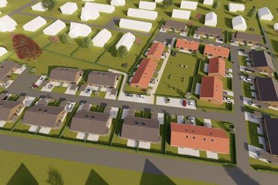 Projektet består af 42 boliger, hvoraf de 12 boliger nu udbydes som ejerboliger i form af seks dobbelthuse. Illustration: Mandrup Arkitekt og Ingeniør ApS