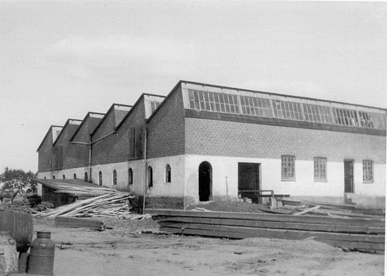 Efter branden i 1926 blev savværket genopført som en imponerende bygning med shedtag, som det var moderne dengang. Et specielt tag, som også andre bygninger i byen var forsynet med. Foto: Karup Egnsarkiv