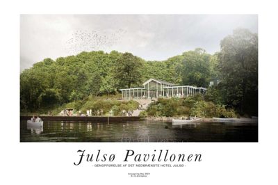 Sådan ser udkastet til Julsø Pavillonen ud, et byggeri der skal erstatte det nedbrændte Hotel Julsø. Nu har Skanderborg Kommune sagt ja til, at bygningen må opføres.