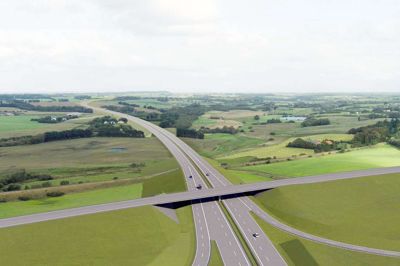 Ifølge Thomas Jensen var vestløsningen reelt den eneste mulighed for Hærvejsmotorvejen. Illustrationen er øst for Ravnstrup nær Viborg