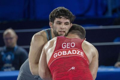 Turpal Bisultanov tabte en hård bronzekamp mod den tidligere verdensmester Lasha Gobadze om bronze i 87 kiloklassen. Foto: Ritzau Scanpix