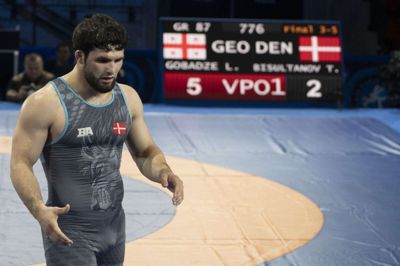 Skuffelsen lyser ud af Turpal Bisultanov efter bronzekampen mod verdensmesteren fra 2019, Lasha Gobadze fra Georgien. Foto: Terje Pedersen/Ritzau Scanpix