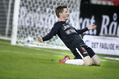 Anders Dreyer jubler over et mål i sin debut for FC Midtjylland 17. februar 2020 mod Lyngby. Siden da har vestjyden haft rigelig grund til jubel for både FCM og nu russiske Rubin Kazan. Foto: Henrik Ole Jensen