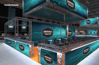 Sådan kan der komme til at se ud i MCH Messecenter Herning i april næste år. 30.000 kvadratmeter skal fyldes med gaming-relaterede aktiviteter i forbindelse med Gamebox Festival. Visualisering: MCH