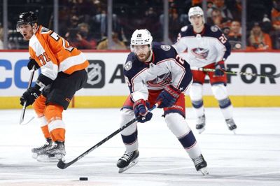 Oliver Bjorkstrand åbnede scoringen for Columbus Blue Jackets med et smart mål med baghånden. Foto: Tim Nwachukwu/Ritzau Scanpix