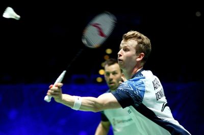 Kim Astrup (i forgrunden) og Anders Skaarup Rasmussen er færdige ved All England. Foto: Ritzau Scanpix