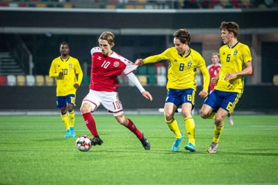 Valdemar Andreasen fra FC Midtjylland var en af de bedste, da det danske U17-landshold i onsdags spillede 2-2 mod Sverige. Mod Letland lørdag aften satte herningenseren trumf på med ét mål og én assist. Foto: Morten Kjær/Ritzau Scanpix