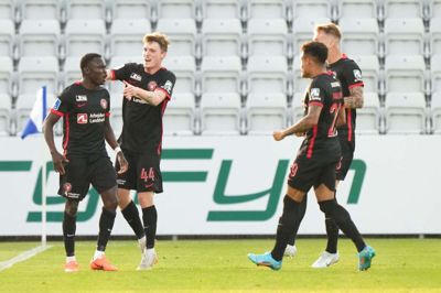 Pione Sisto (t.v.) scorede målet til 5-1. Foto: Claus Fisker/Ritzau Scanpix