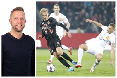 FCM og Gustav Isaksen (t.v.) - der her passerer Viborg-anfører Jeppe Grønning - vandt 3-1 i det seneste derby mod rivalerne. Det var 4. marts på MCH Arena. Sportsjournalist Ole Bitsch hæfter sig ved, at derbyet denne gang er mere sportsligt relevant end i mange år. Foto: Henrik Ole Jensen