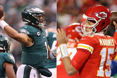 Jalen Hurts (tv.) er i sin tredje sæson hos Philadelphia Eagles, mens Patrick Mahomes (th.) er i gang med sin sjette sæson hos Kansas City Chiefs. (Arkivfoto).