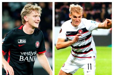 Oliver Sørensen (t.v.) og Gustav Isaksen hædres af FC Midtjylland for en flot sæson. Foto: Malene Tswai og Tom Laursen