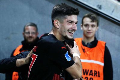 Armin Gigovic jubler over sin første scoring for FC Midtjylland efter syv måneder i klubben. Foto: Chresten Bergh