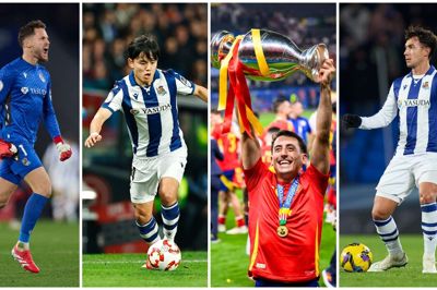 Fire fantastiske profiler på stribe. Målmand Alex Remiro (t.v.), dribleren Takefusa Kubo, målslugeren og anføreren Mikel Oyarzabal og midtbane-generalen Martin Zubimendi kommer til MCH Arena med Real Sociedad torsdag aften.