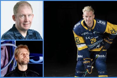 Sportsjournalist Thomas Damm (øverst til venstre) er vært, når Blue Fox-back Emil Kristensen (t.h.) og Blue Fox-speaker Anders Skou gæster podcaststudiet til en snak om slutspillet.