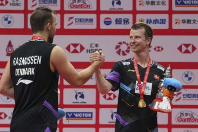 Kim Astrup (t.h.) og Anders Skaarup landede en triumf af de helt store ved sæsonfinalen på den internationale badmintontour.