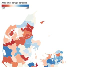 Grafikken viser, hvor mange visitationstimer en hjemmehjælpsmodtager får i den enkelte kommune i en gennemsnitlig uge. Grafik: Thor Ølgaard Hansen