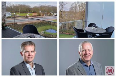 Øverst udsigten fra Vibeke Lauridsens altan. Nederst til venstre ses Ole Nyholm Knudsen (V), der er formand for teknik- og miljøudvalget. Til højre ses Kristian Andersen (KD), der er 2. viceborgmester. Begge var mandag på besøg hos Vibeke Lauridsen.
