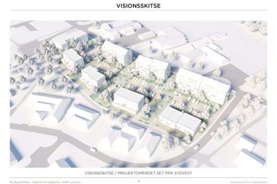 I aftes fik borgere det første smugkig på, hvordan de nye boliger på Brunhøjvej kan tage sig ud. Der er kun tale om en »visionsskitse«, så arkitekterne har ikke forholdt sig til byggematerialer eller udseende, ligesom det slet ikke er sikkert, at boligerne bliver placeret på denne måde. Arkitektfirmaet Aart står blandt andet bag det nye friluftscenter på Sletten og seniorbofællesskabet på Kildebjerg. Illustration: Arkitektfirmaet Aart