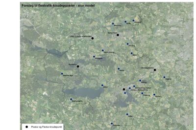 Sådan bliver flextur-knudepunkterne og plustur-knudepunkterne i Skanderborg Kommune placeret, når flexturordningen omorganiseres fra sommeren 2023. Foto: Skanderborg Kommune