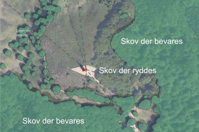Den røde prik i midten af kortet er Himmelbjergtårnet. Og til højre for dette ses det område, hvor træerne i den kommende tid bliver fældet for at genskabe Himmelbjergets facon.