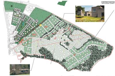 Det nye Kjellerup Nord-Vest tegnet af Constructa. Det nye boligområde er under planlægning. Om to år kan det hele være parat til at bygge i. Området længst til venstre er ved at blive lokalplanlagt (Markeret med »1«). Her kan der bygges allerede næste år. Den ny vejføring ved Vestbakken er ikke med på kortet. Men vejen skal gå ind fra Thorningvej ved Vestbakken ved Shell på Thorningvej (markeret med »2«). Nørrelundvej (markeret med »3« ) spærres af. Den sidste vejføring ind i området fra Thorningvej fjernes. Længst til højre skal der føres en vej ind i området fra Nørregade (markedet med »4«).