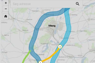 De gule linjer viser de ændringer, som borgergruppen i Hauge ønsker, hvis ikke Klode Mølle-løsning dur. Kortet er fra Hauge-arbejdsgruppen