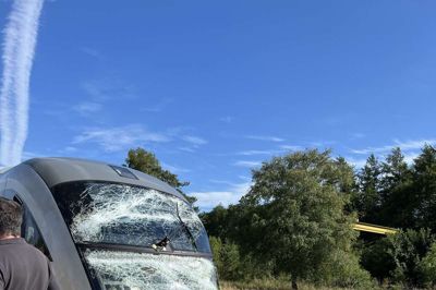 Det var ikke muligt at køre videre efter et træ ramte forruden på toget. Foto: Michael T. Jokumsen