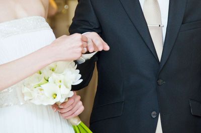 Groom putting a wedding ring on bride's finger