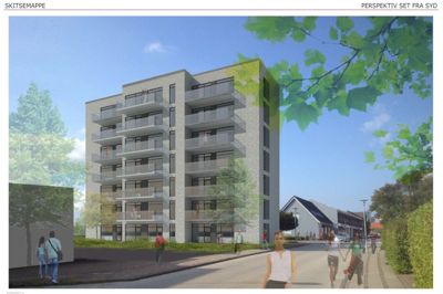 Ikast får et højhus mere, når Møllegade-projektet
realiseres næste år. Her ses Arkitec's tegning af højhuset
