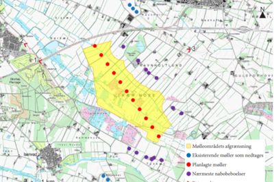 Skitseplanen med placeringen af den nye 150 meter høje vindmøller i Ulkær Mose ?illustration: Ikast-Brande kommune