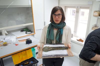 Constanze Rassmann, arkæolog og museumsinspektør, med den største af økserne
