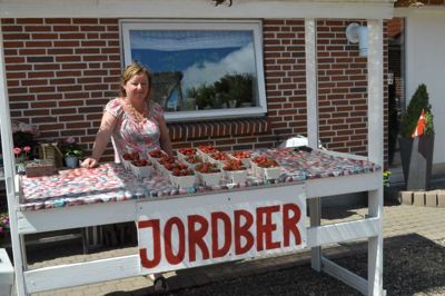 Birthe Laursen har fået stillet boden op på gårdspladsen i denne uge og tilbyder friske, håndsorterede og sprøjtefri jordbær. ?????Foto: Flemming Thulstrup