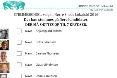 Sådan ser stemmesedlen ud. Alle kandidater har fået mulighed for at præsentere sig på lokalrådets hjemmeside, men det er ikke alle blandt de 13 opstillede, der har benyttet sig af muligheden ?(illustration: Nørre Snede Lokalråd)