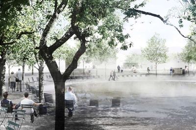 Sådan her forestillede det vindende arkitektfirma, at brandtomten i Bording skulle komme til at se ud, og det er blevet ganske tæt ved på det sted, der nu er døbt Mødestedet. ?Illustration: Gottlieb Paludan Architects