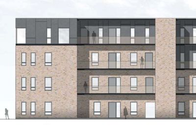 Strikkeriets facade mod nord - set fra Smallegade ?Skitseforslag: Årstiderne Arkitekter