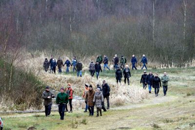 En lille gruppe af de mange naturvandrere på vej »hjem« efter seks kilometer med masser af frisk luft og dejlig natur.