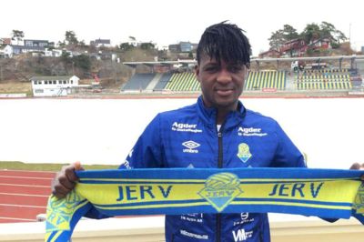 I slutningen af marts skiftede Babajide David fra FCM til norske Jerv på en lejeaftale gældende for tre måneder - en løsning, han er meget tilfreds med. Foto: FK Jerv
