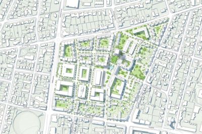 I helhedsplanen Herning+ omfatter hele området mellem Gl. Landevej, Skolegade, Rolighedsvej og Møllegade. Her er det planen at skabe en helt ny bydel, hvor to gade- og byrumsforløb krydser hinanden og dermed danner det plus, der indgår i bydelens arbejdstitel. Tegning: Effekt Arkitekter