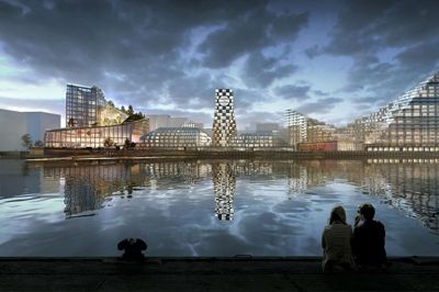 Sådan kommer havnefronten til at se ud om aftenen, når byggeprojektet, som blandt andet Anders Holch Povlsen står bag, er opført. ? Illustration: BIG og Sleth