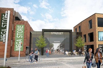 Sådan forestiller man sig, at indgangen til Strøgcentret kan se - med spisested til højre og en mega-butik i Handelsbankens lokaler. ? ?Illustration: Arkitec